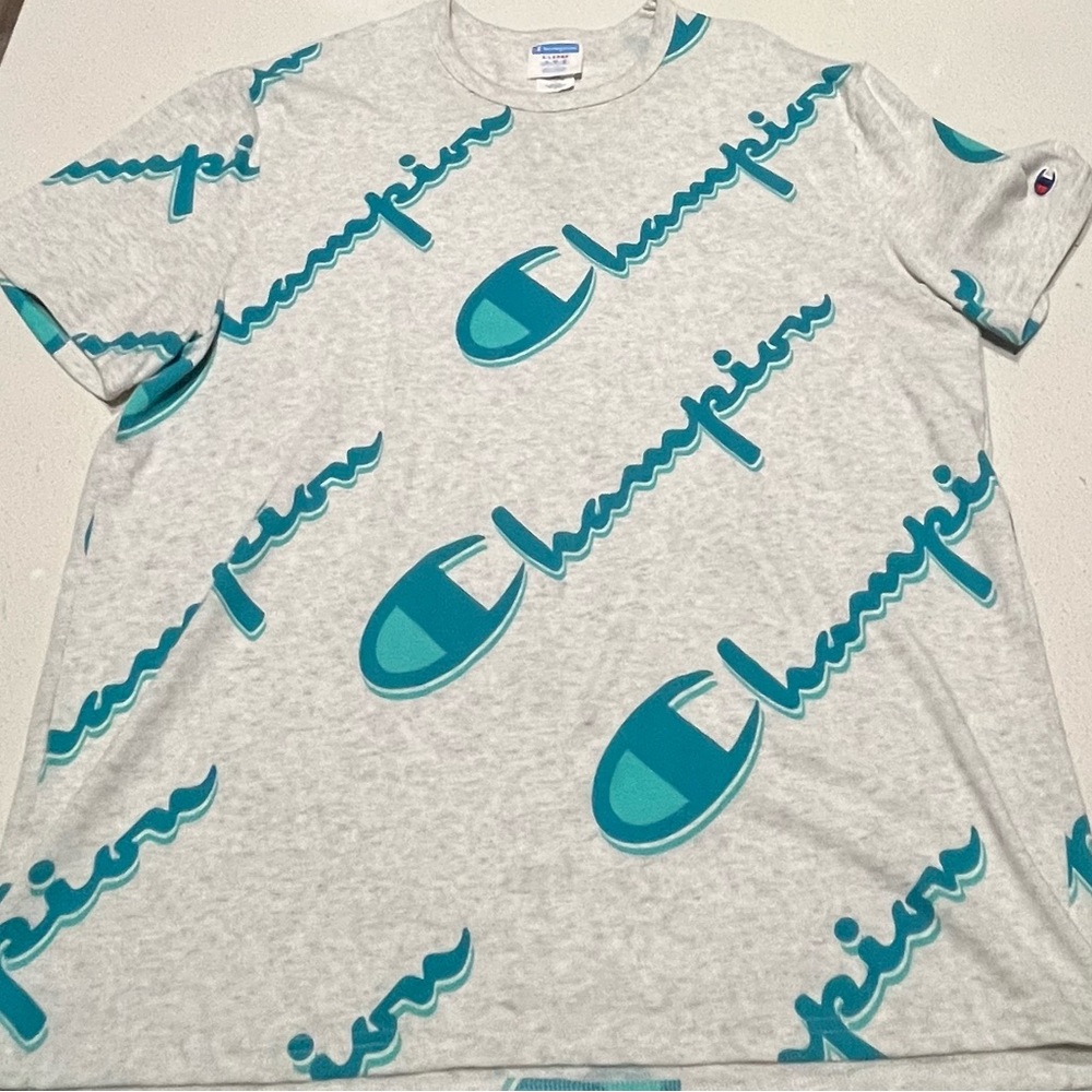 White and blue champion tee shirt